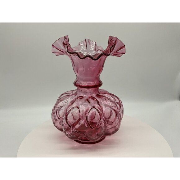 FENTON Cranberry Melon Vase Art Glass Optic Coin Dot Vase Ruffled Edge 8" Tall - Picture 11 of 16